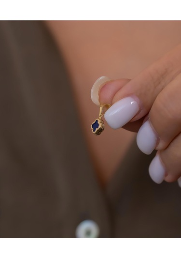 Bayar Gold 14 Ayar Altın Lacivert Renkli Yonca Kolye Ucu Sarı Altın