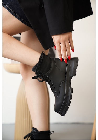 D0988 Soğuk Geçirmez Kışlık Kadın Bot & Bootie Siyah