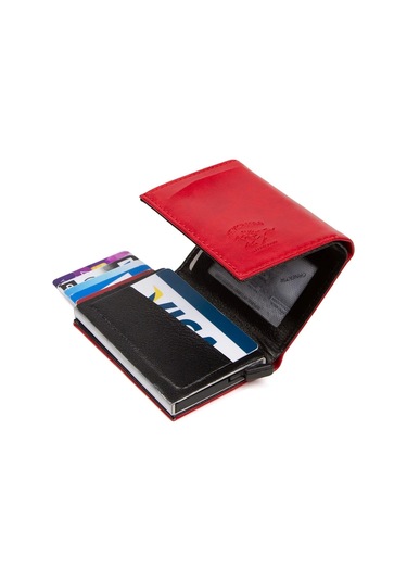 Tuldar Erkek Rfıd Otomatik Çekim Koruyucu Mekanizmalı Kağıt Para Bölmeli Hediyelik Kartlık Cüzdan Tul601 - Kırmızı
