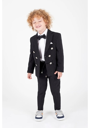 Erkek Çocuk Çizgili Ceket Gömlek Pantolon Papyonlu Takım Elbise Te.1001y Siyah