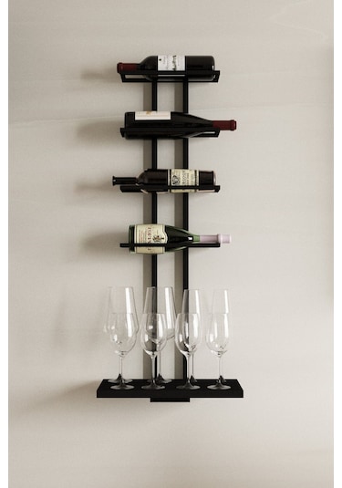 Aju Şaraplık Ve Kadeh Rafı Duvara Monte Şarap Mahseni Modern Duvar Alkol Rafı Metal Ve Ahşap Tasarım Siyah