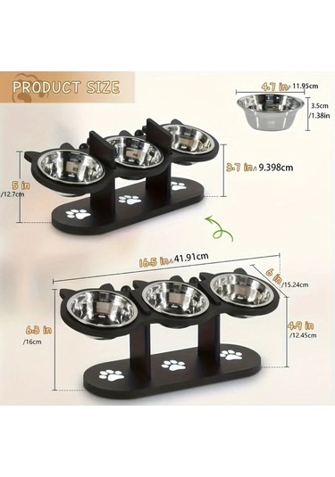 Dream011 Siyah 3 Seviyeli Kedi Maması Kabı Ahşap Paslanmaz Çelik Ayarlanabilir Taşınabilir