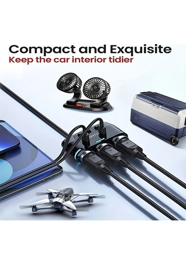 Fochsia Kablolu Siyah Akıllı 3'lü Oto Çakmaklı Usb Şarj Aleti Led Voltaj Göstergeli Araç Şarj Adaptörü