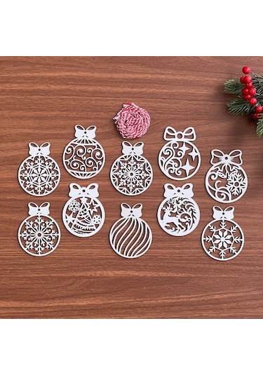 10 Parça Kırmızı Beyaz İpli Fiyonk Model Ahşap Yılbaşı Ağaç Süsü