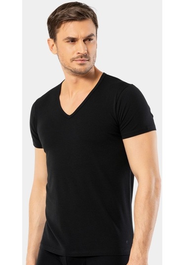 Cacharel Erkek Derin V Yaka Likralı T-shirt 1306/siyah 001