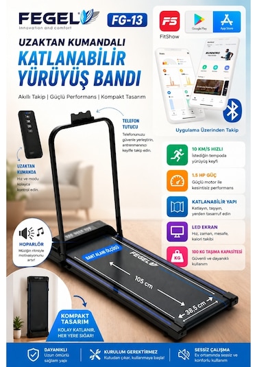 FG-13 Koşu Bandı Bluetooth Uygulama Hoparlör Adımsayar Program Uzaktan Kumanda 10km Hız Katlanabilir