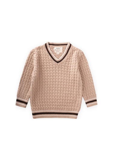 Cigit Saç Örgü V Yaka Kazak 2-9 Yaş Bej Bej