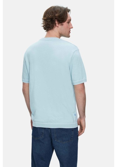 Fared Gök Mavi Bisiklet Yaka Triko Nakışlı Standard Fit Erkek Tshirt Gök Mavi