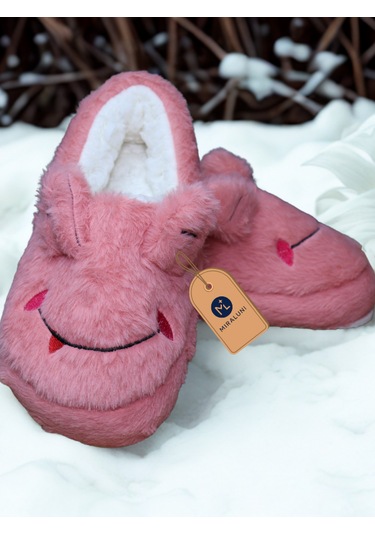 Kadın Pembe Peluş Panduf Ev Terliği Kışlık Sıcak Tutucu, Kaymaz Taban, Sevimli Tasarım Pembe