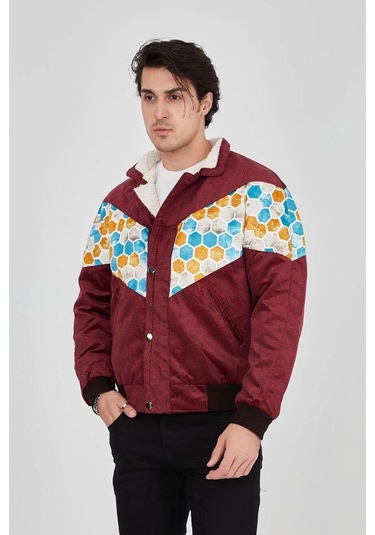 Erkek İçi Astarlı İçten Yaka Kısmı Peluşlu Beyaz Şeritli Vintage Ceket - Mürdüm Siyah