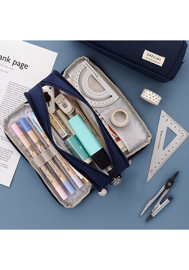 Geniş Kapasiteli Okul Kalem Kutusu, Çok Bölmeli Kalemlik, Öğrenci Ve Ofis Kırtasiye Malzemeleri İçin Pratik Kalem Kılıfı MAvi