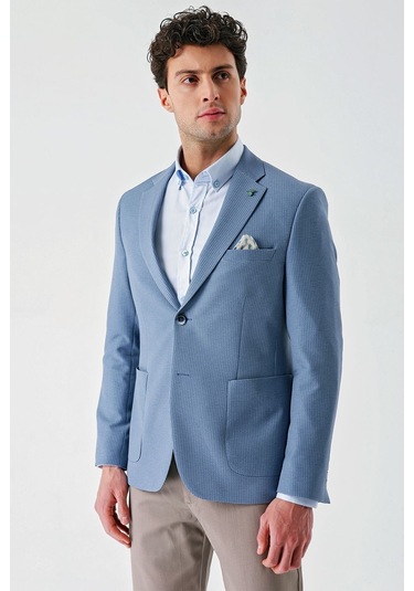 Örme Mono Yaka Çift Yırtmaç Likralı 6 Drop Slim Fit Dar Kesim Klasik Ceket 1002240138 - Açık Mavi