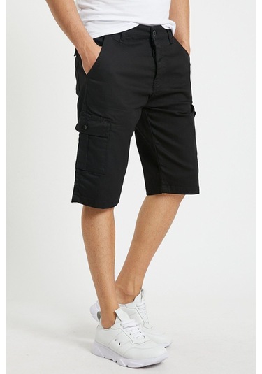 Erkek Lacivert Renk Kargo Yandan Cepli Esnek Kumaş Slim Fit Kapri Şort Siyah