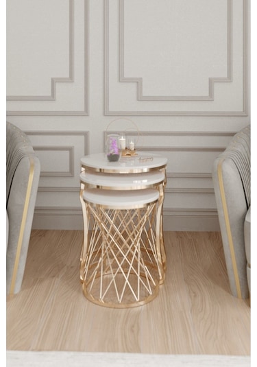 Aurelia Serisi Gold Metal Örgü Desenli 3 Lü Zigon Sehpa Krem Membran Tabla Altın - Krem