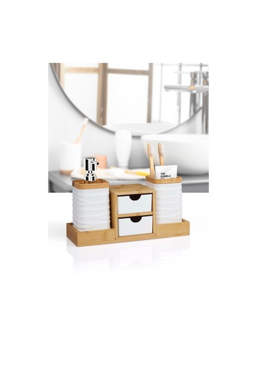 Okyanus Home Beyaz Bambu Çekmeceli Sıvı Sabunluk Ve Diş Fırçalıklı Banyo Organizeri Beyaz Ahşap