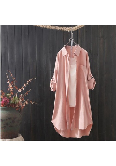 Kadın Pamuk Ve Keten Gömlek: 2023 İlkbahar/sonbahar Yeni Bol Uzun Kollu Üst İnce Ceket Orta Uzunlukta Saf Kumaş. Pembe