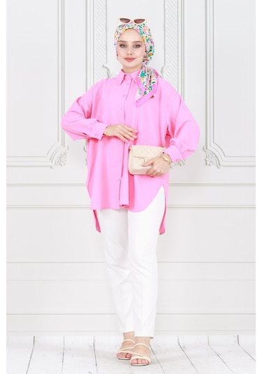 Sevitli Bol Kesim Yırtmaçlı Gömlek-pembe-3984-pembe Pembe