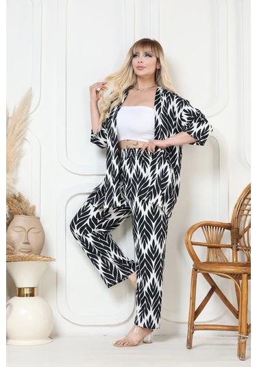 Desenli Kimono Hırkalı 2li Alt Üst Takım Bürümcük Kumaş Yazlık 2xl-6xl Oversize Siyah