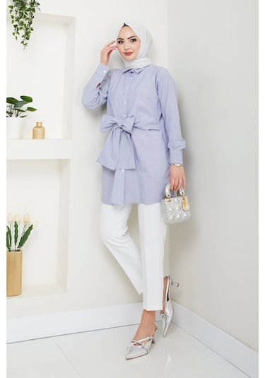 Nevayla Moda Çizgili Poplin Bağlamalı Gömlek - Lacivert / Ü103 Lacivert
