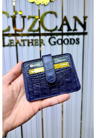 Cüzcan Jorvik Patlı Hakiki Deri Premium Kartlık Kişiye Özel İsim Baskılı Lacivert Croco