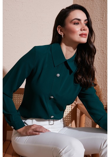 Lela Taşlı Regular Fit Gömlek Yaka Fermuarlı Bayan Bluz 611Bz0493 Zümrüt