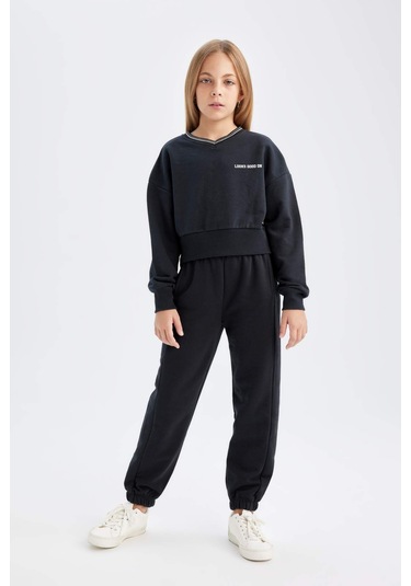Defacto Kız Çocuk 2'li Takım Baskılı Bisiklet Yaka Sweatshirt Beli Lastikli Jogger Eşofman Altı D4054A824WNBK26 Siyah