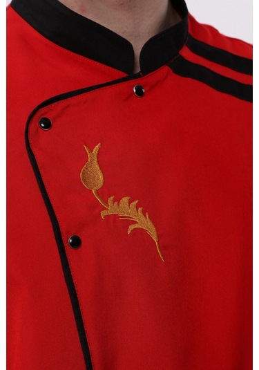 Uniprom Kısa Kollu Aşçı Ceketi Önlük Nakışlı Cepli Şef, Garson Kırmızı