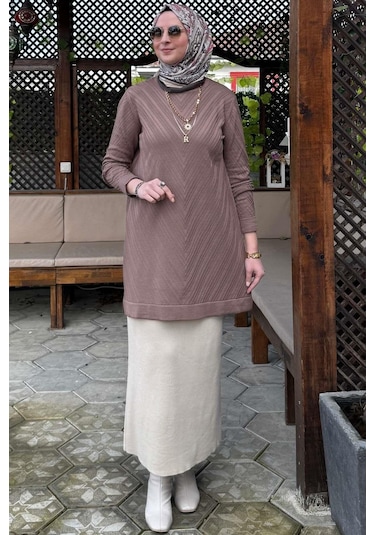 Rabia Şamlı Damla Triko Tunik Sütlü Kahve Çok Renkli