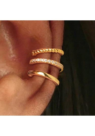 Geeksen Kadınlar İçin Zirkonyum Taşlı Altın Kaplama C Şekilli Pim Olmayan Uyarlanabilir Küçük Küpe Seti - 3 Adetli 2 Paket Gold