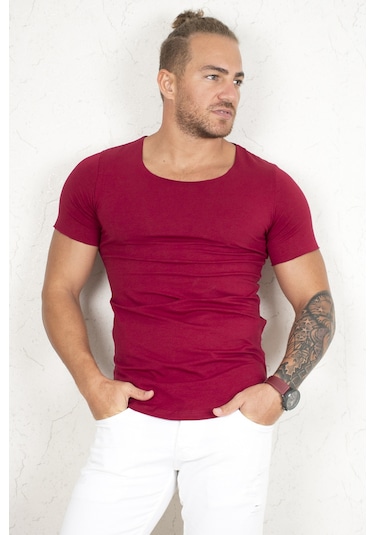 Deepsea Erkek Bordo Geniş Yaka Likralı Tişört Oval Yaka Slim Fit Eteği Oval Açık Yaka T-shirt 1801199 Bordo