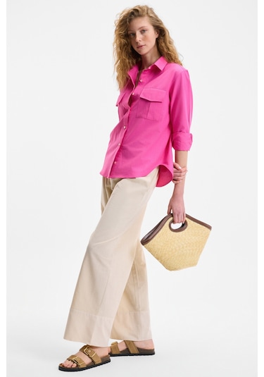 MELANCHOLI Kadın %100 Pamuk Keten Görünümlü Yüksek Bel Lastikli Bel Bej Pantolon