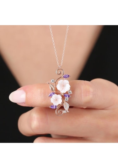 Mia vento Ametist Taşlı Manolya Çiçeği Sevgi Bahçesi Rose Flowers Gümüş Kolye