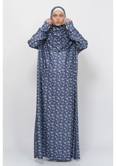Pratik Tek Parça Çiçek Desenli Kollu Tak Çıkar Başörtülü Likralı Tesettür Namaz Elbisesi 990-0201 Lacivert Antrasit