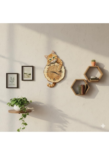 Cajuart Kütük Üzerinden Bakan Sarman Kedi Tasarımlı Duvar Saati Modern Dekoratif Saat Kahverengi