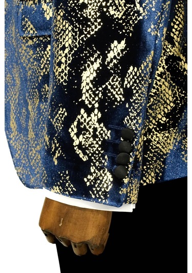 Wessi Dik Yaka Slim Fit Altın Desenli Lacivert Erkek Balo Ceket - Wessi Lacivert