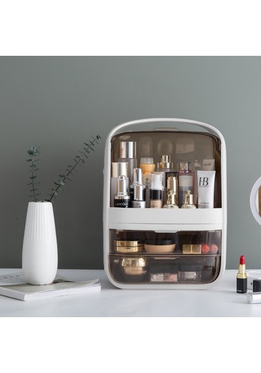 Makyaj Organizer Kozmetik, Fırça Ve Takı Düzenleyici Çok Amaçlı Masaüstü Makyaj Kutusu Bej