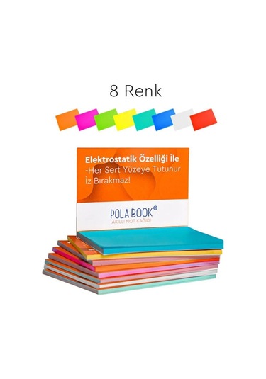 Elektrostatik Yapışkanlı Akıllı Not Kağıdı Seti 7x10 Cm 50 Sayfa Pratik Ofis Not Defteri 8 Renk Çok  Renkli