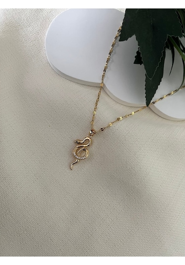 Çelik Yılan Zirkon Kadın Kolye Gold