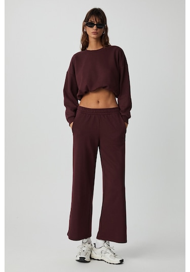 Dewanna Kadın Uzun Kollu Crop Bordo Eşofman Takımı
