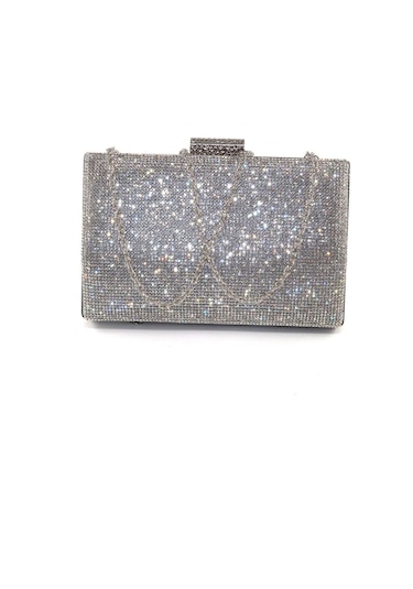 Taşlı Clutch Abiye Çanta Gümüş