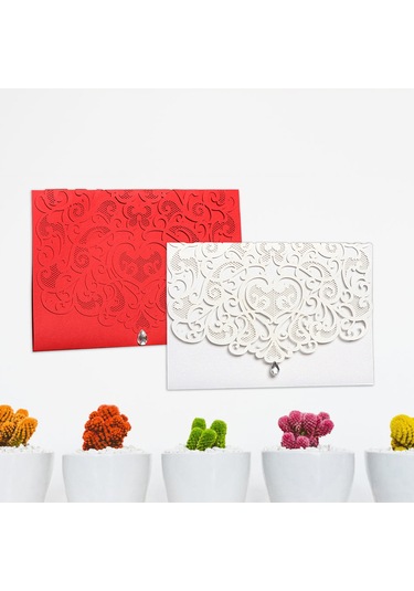 Shineyee 10'lu Beyaz Kristal Taşlı Laser Kesimli Çiçek Desenli Davetiye Seti Zarf + Kılıf + Boş İç Sayfa - Düğün, Parti, Doğum Günü