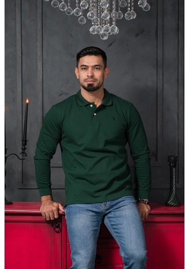 San&fa Regular Fit Polo Yaka Uzun Kol Pamuklu Baharlık Sweatshirt Yeşil