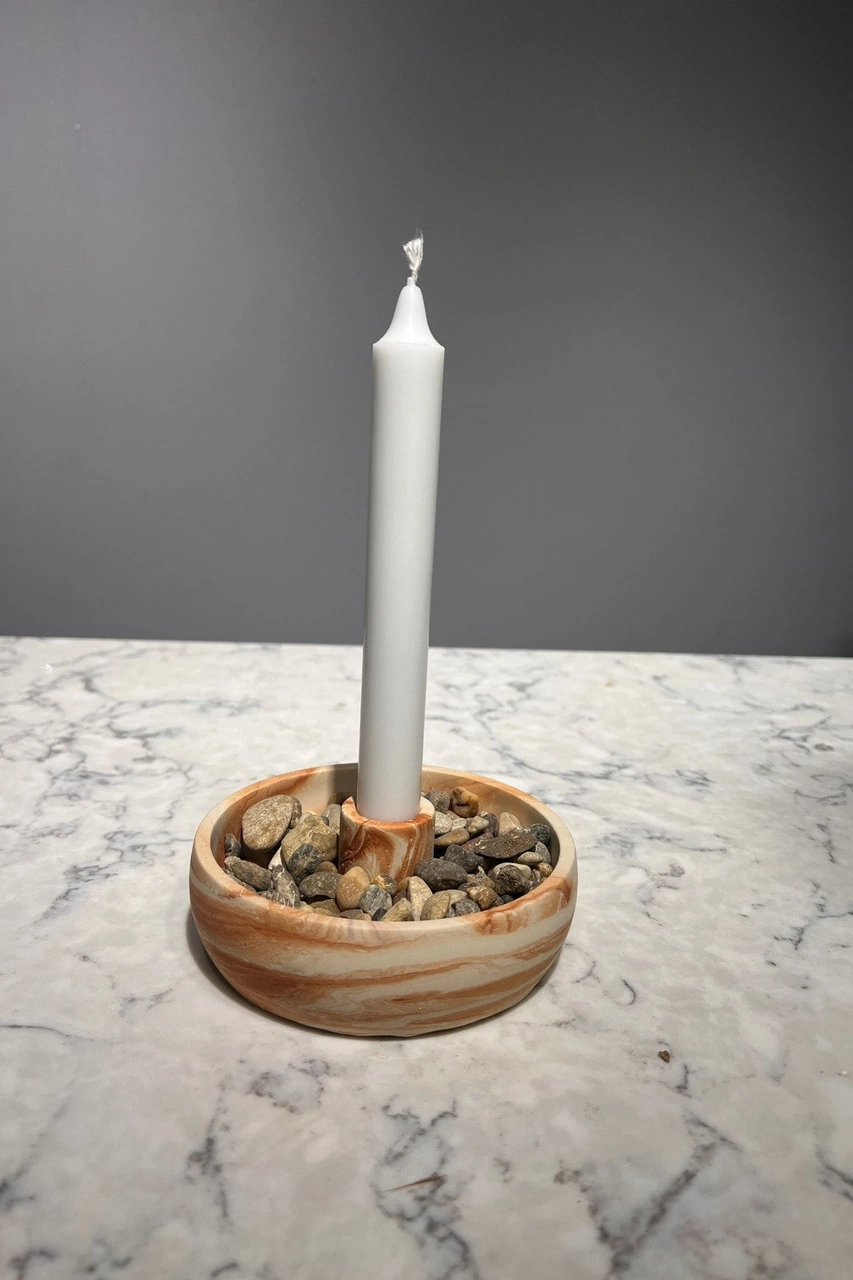 Mermer Desenli Beton Mumluk Şamdan Kahverengi