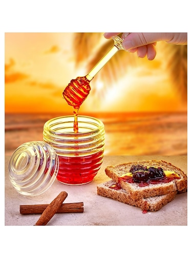 Rotanev Kovan Şekilli Kaşıklı 3 Parça Kristal Bal Kavanozu Mika Kavanoz Bal ve Reçel Kavanoz Kahvaltılık