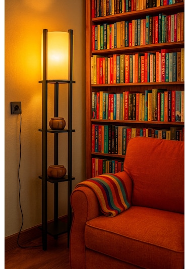 Modern Metal Gövdeli-raflı Dekoratif Ayaklı Lambader 22x22x145 Krem