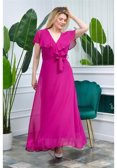 Neşeli Butik Kadın Mürdüm Kruvaze Yaka Bağlama Detaylı Uzun Şifon Elbise Nb0001 Mürdüm