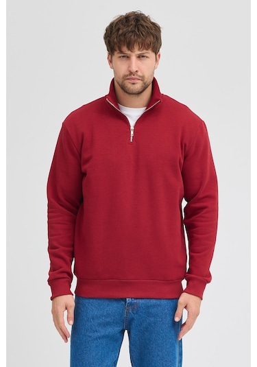 Unisex Regular Fit Rahat Kesim Pamuklu Içi Polarlı Yarım Fermuarlı Bordo Dik Yaka Sweatshirt Bordo