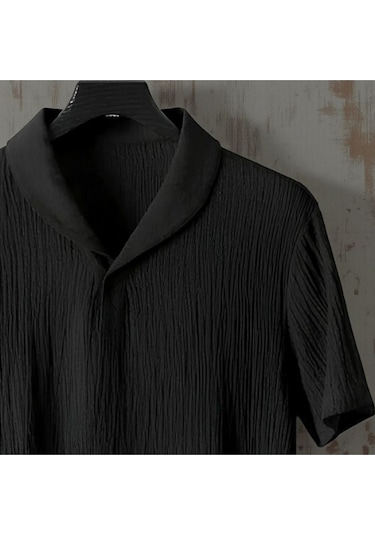 Unisex Kadın/erkek Özel Bürümcük Krinkıl Kumaş Yazlık Likralı Kısa Kol Tişört Eşofman Elbise Takım Siyah - Siyah