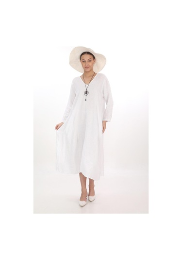 İtalyan V Yaka Uzun Kol Keten Elbise-8907 Beyaz