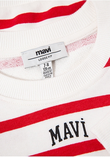 Mavi - Mavi Logo Baskılı Kırmızı Çizgili Sweatshirt 7s10038-82054 Kırmızı